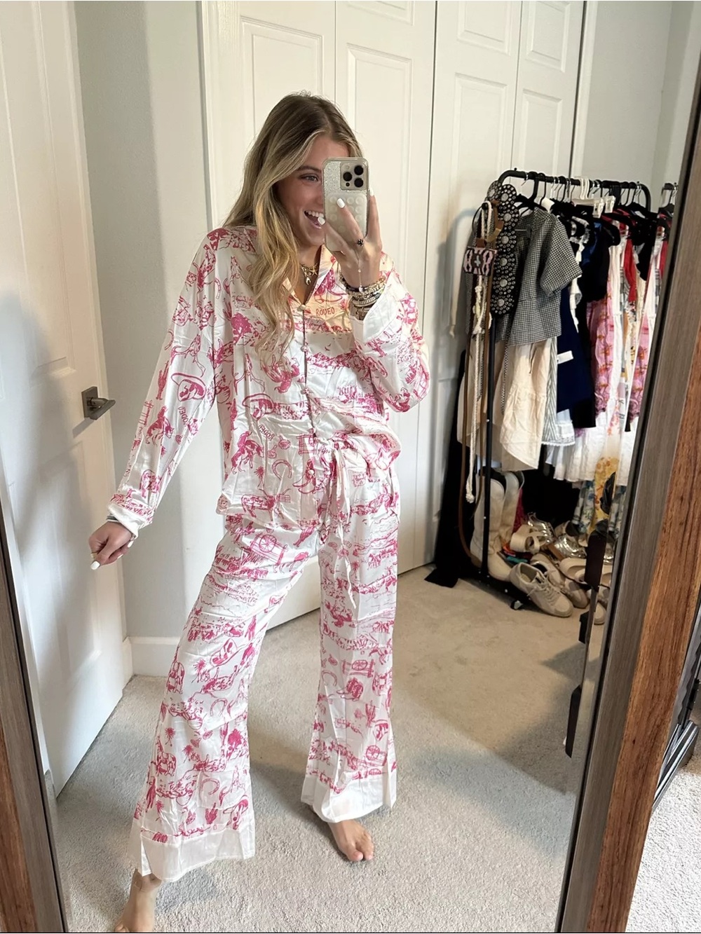 Free People White Satin Pajama Set with Pink Toile Print
